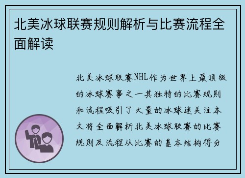 北美冰球联赛规则解析与比赛流程全面解读