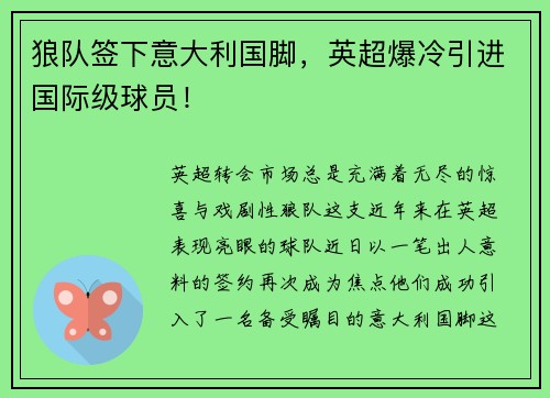狼队签下意大利国脚，英超爆冷引进国际级球员！